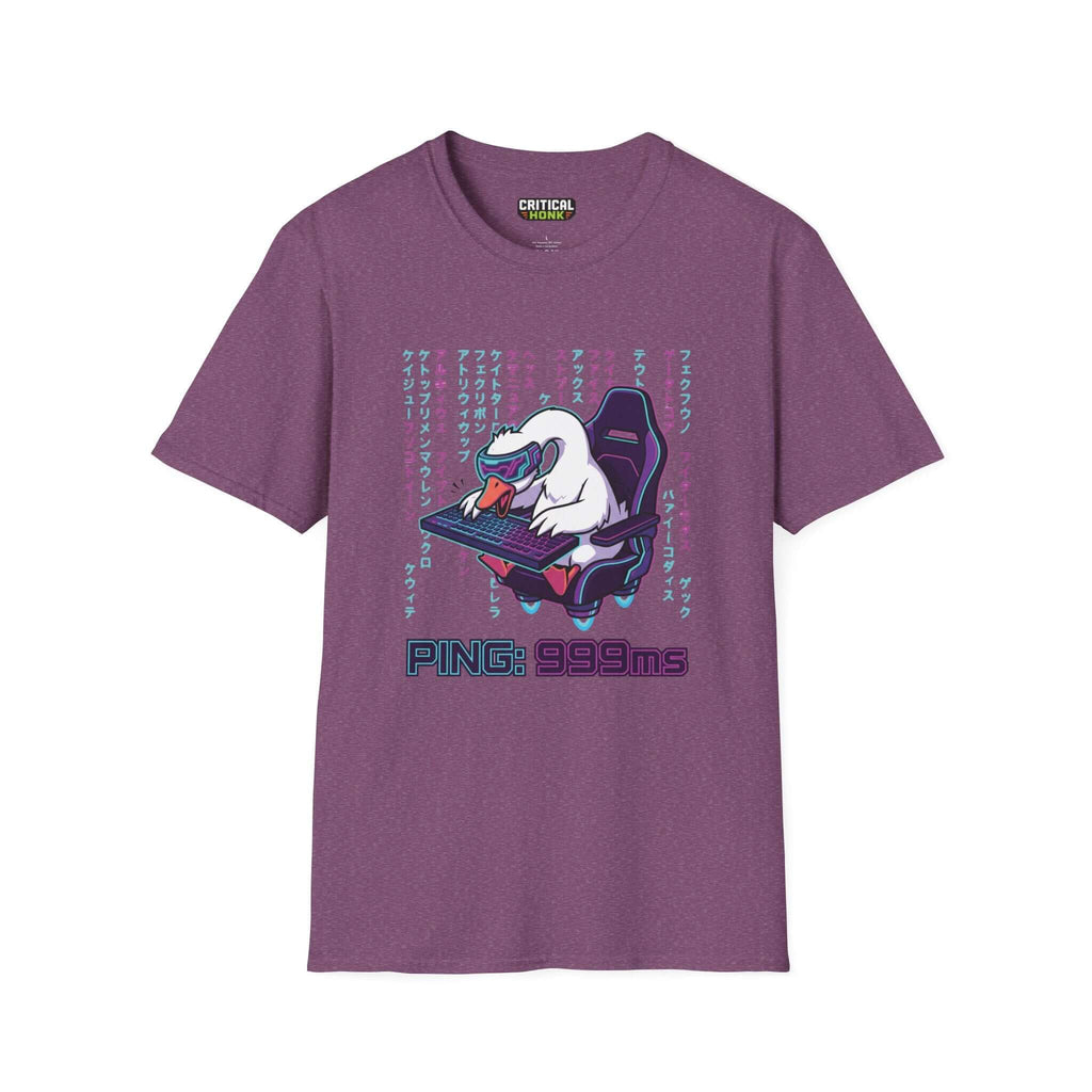 Ping 999ms T-Shirt in Heather Maroon featuring a graphic of a duck gaming on a keyboard, part of the Critical Honk Collection.