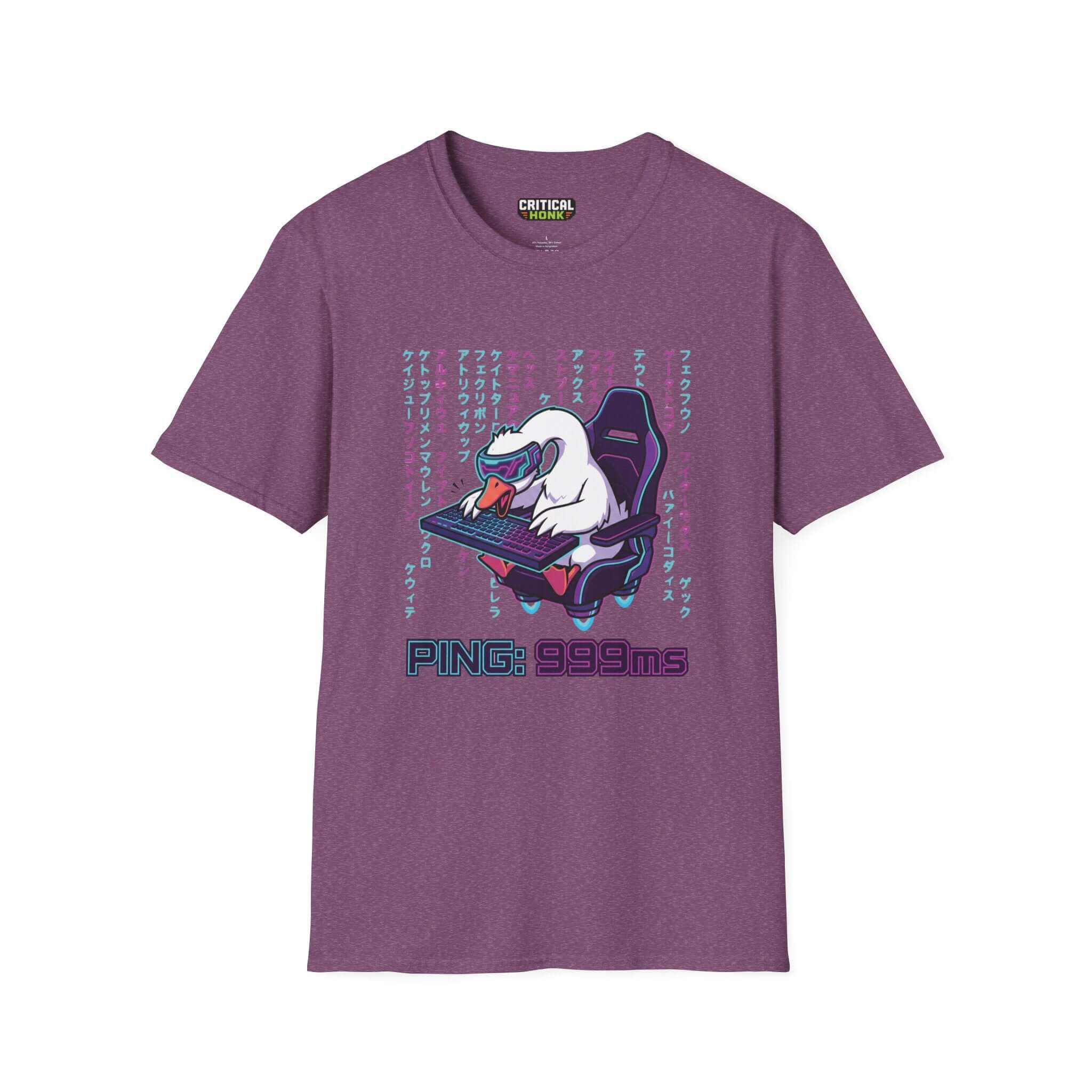Ping 999ms T-Shirt in Heather Maroon featuring a graphic of a duck gaming on a keyboard, part of the Critical Honk Collection.