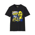 Pure sodium T-Shirt featuring a quirky design of a yellow duck pouring salt, on a black Gildan Softstyle shirt.