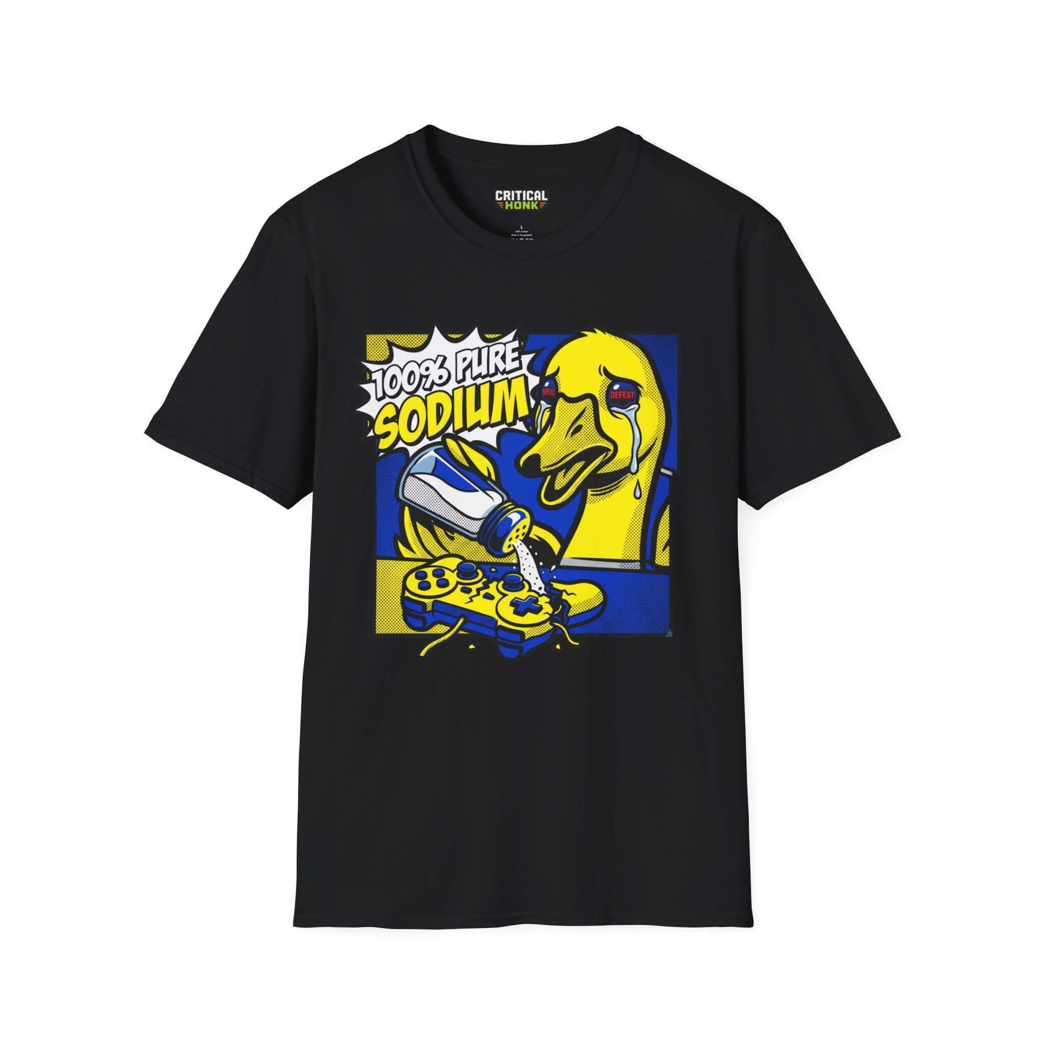 Pure sodium T-Shirt featuring a quirky design of a yellow duck pouring salt, on a black Gildan Softstyle shirt.