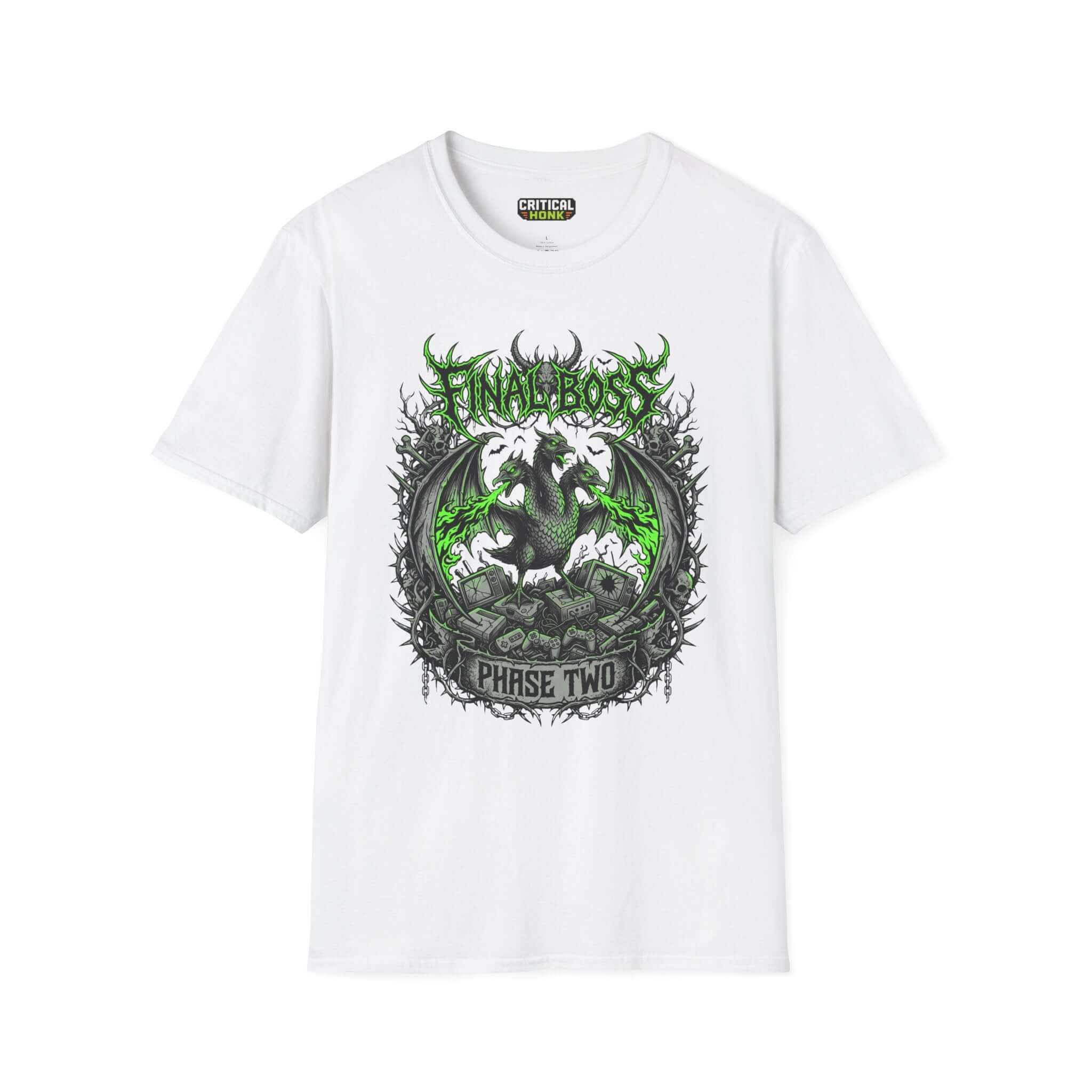 Final-boss-phase-two T-Shirt featuring a dragon graphic design on a white Gildan Softstyle cotton tee.