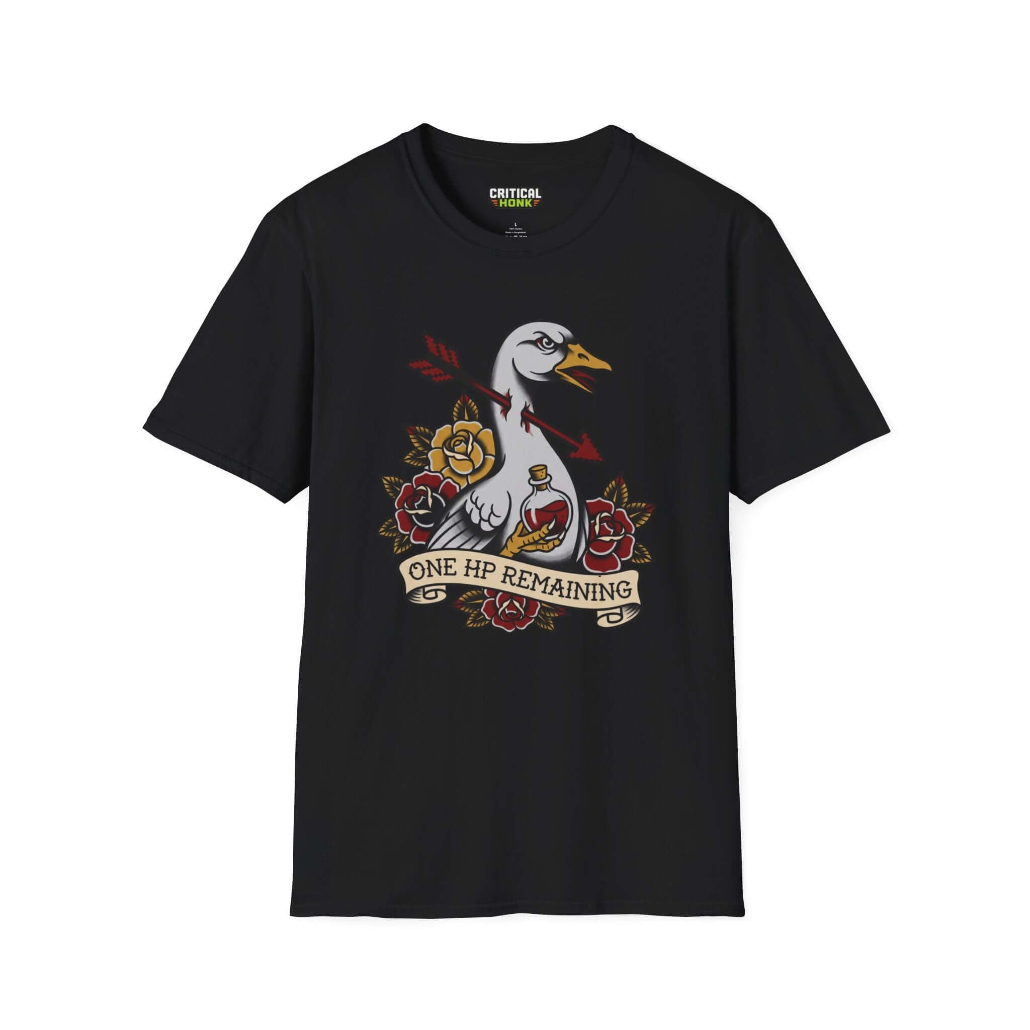 One-hp remaining T-Shirt in black featuring a duck graphic with roses, from the Critical Honk Collection.