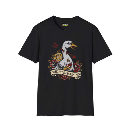 One-hp remaining T-Shirt in black featuring a duck graphic with roses, from the Critical Honk Collection.