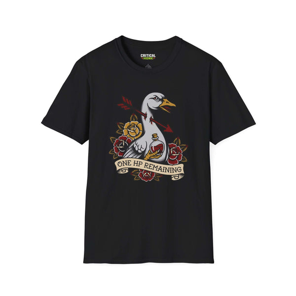 One-hp remaining T-Shirt in black featuring a duck graphic with roses, from the Critical Honk Collection.