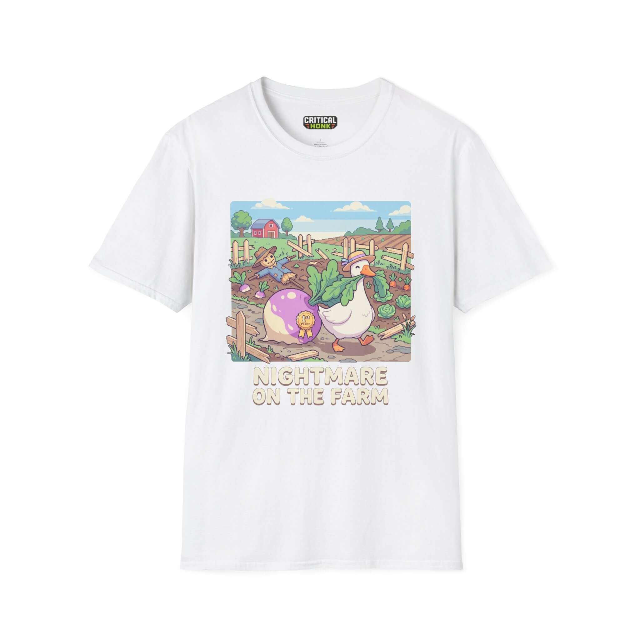 Nightmare on the farm T-Shirt featuring a whimsical farm graphic on a white Gildan Softstyle tee.