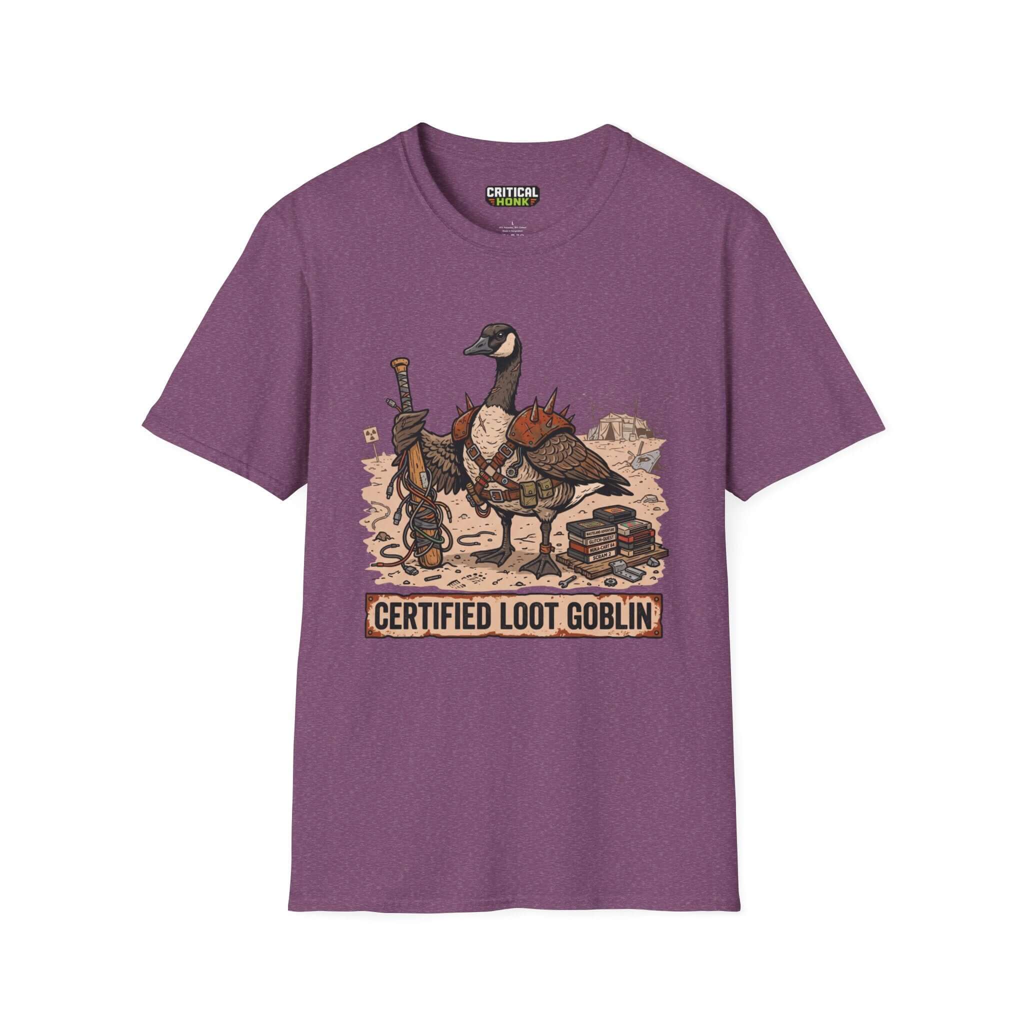 Certified loot T-Shirt featuring a cartoon goose in armor on a heather maroon background, crafted in the USA.
