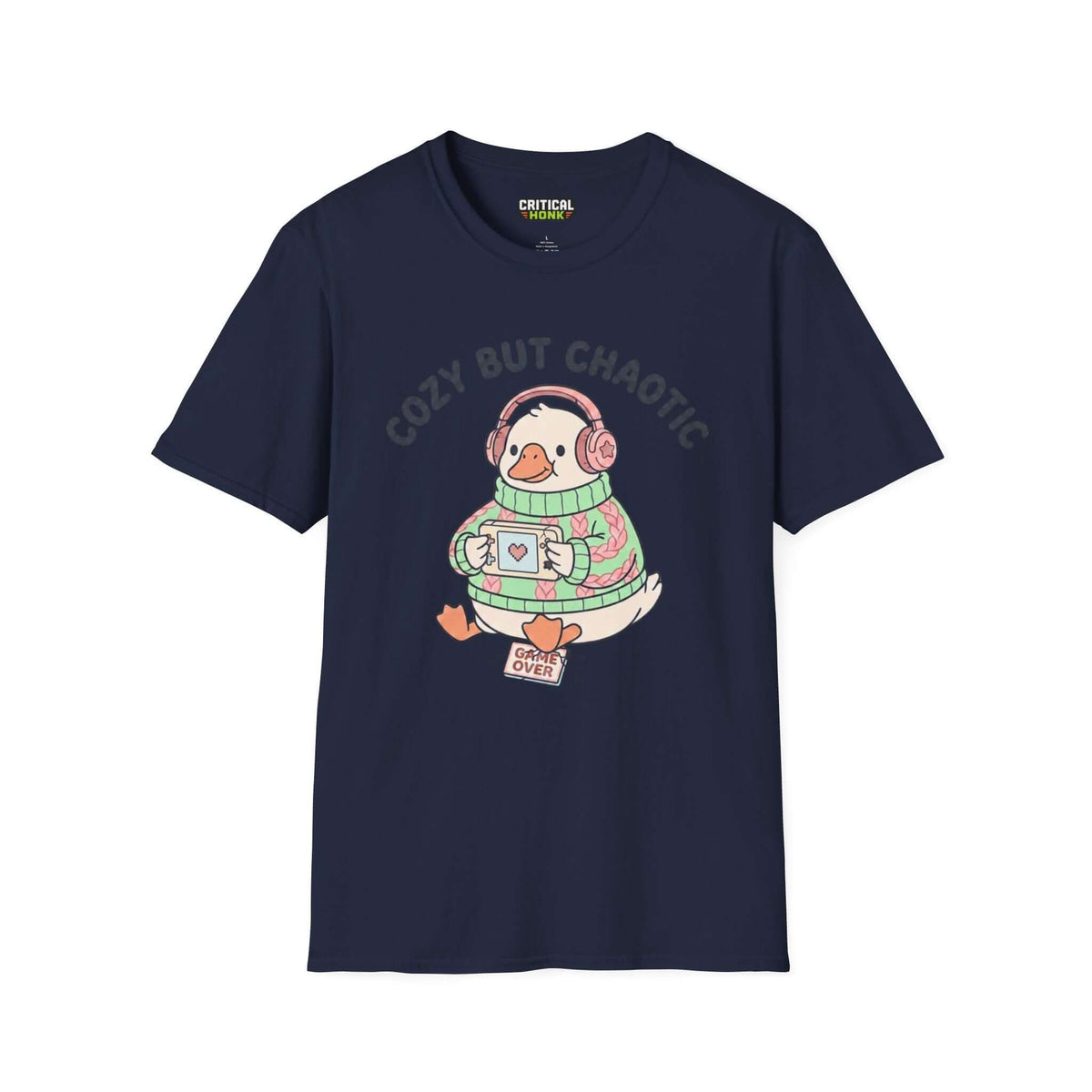 Cozy but chaotic T-Shirt in navy with playful duck graphic, Gildan Softstyle® fabric, perfect for casual comfort.