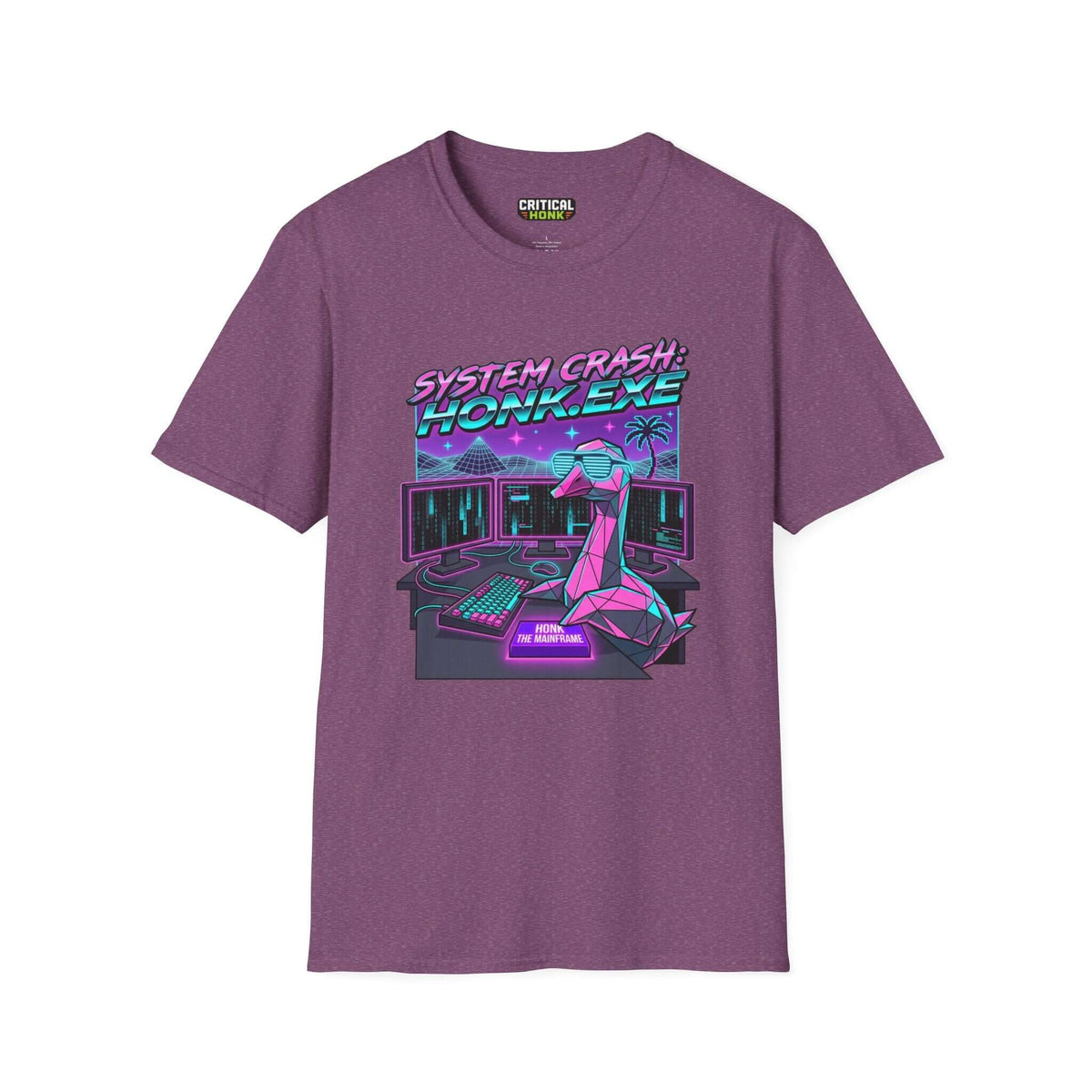 System crash honk exe T-Shirt in Heather Maroon with vibrant digital gaming graphic by Critical Honk.