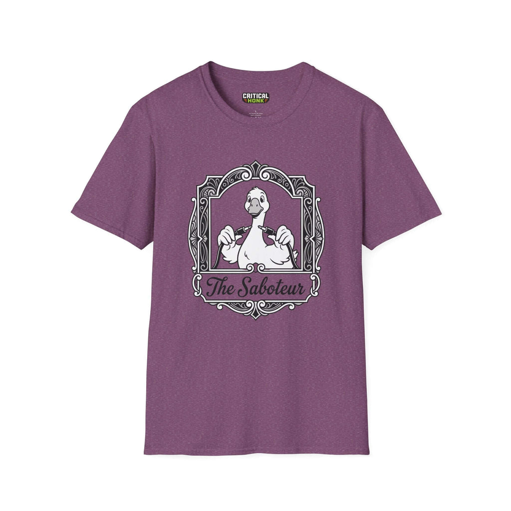 The saboteur T-Shirt in Heather Maroon color featuring a unique duck design from the Critical Honk Collection.