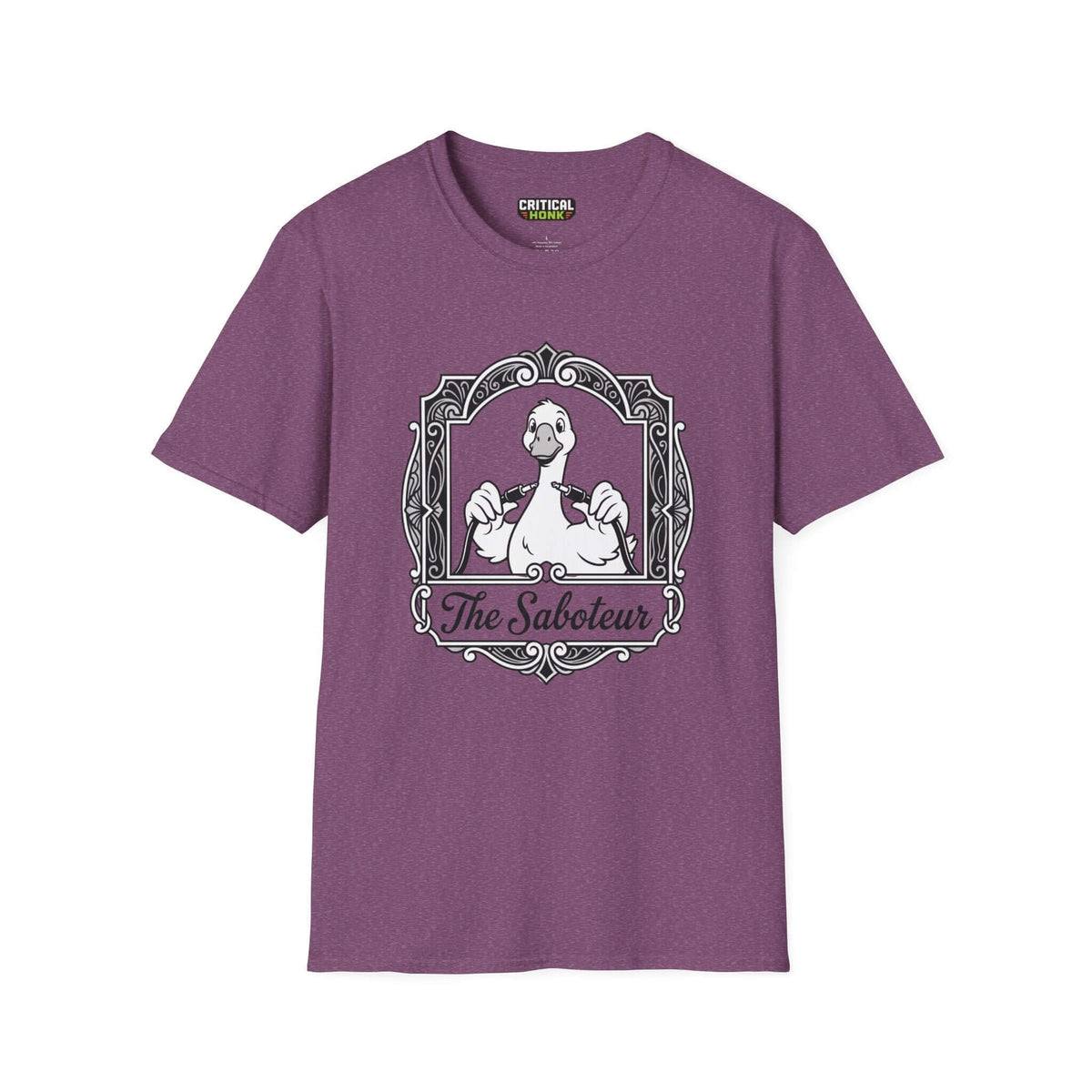 The saboteur T-Shirt in Heather Maroon color featuring a unique duck design from the Critical Honk Collection.