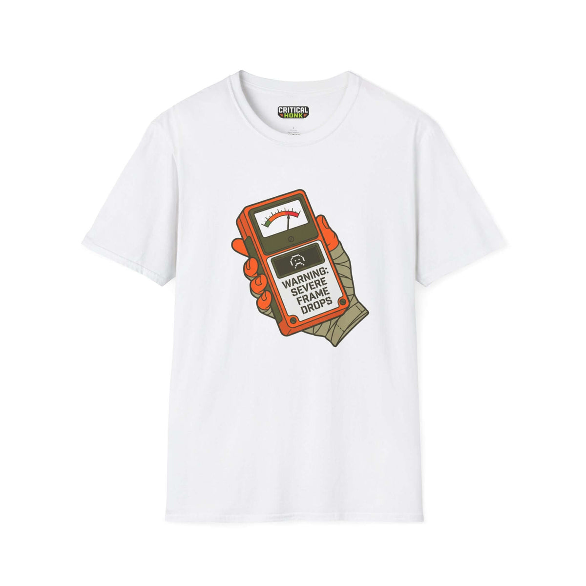 Frame drops T-Shirt featuring a graphic warning of severe frame drops on a white Gildan Softstyle shirt.
