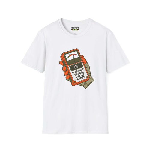 Frame drops T-Shirt featuring a graphic warning of severe frame drops on a white Gildan Softstyle shirt.