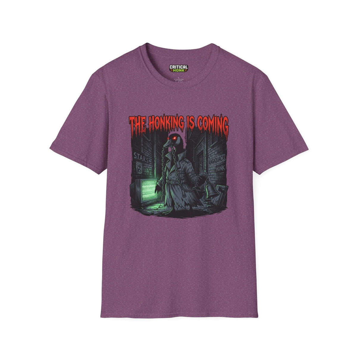 Honking is coming T-Shirt in Heather Maroon featuring a spooky design, made from soft ring-spun cotton.