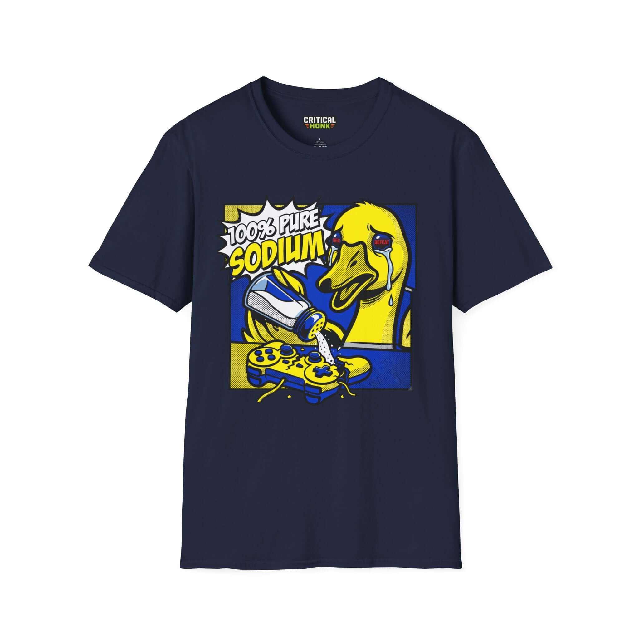 Pure sodium T-Shirt featuring a humorous duck design on a navy Gildan Softstyle fabric.