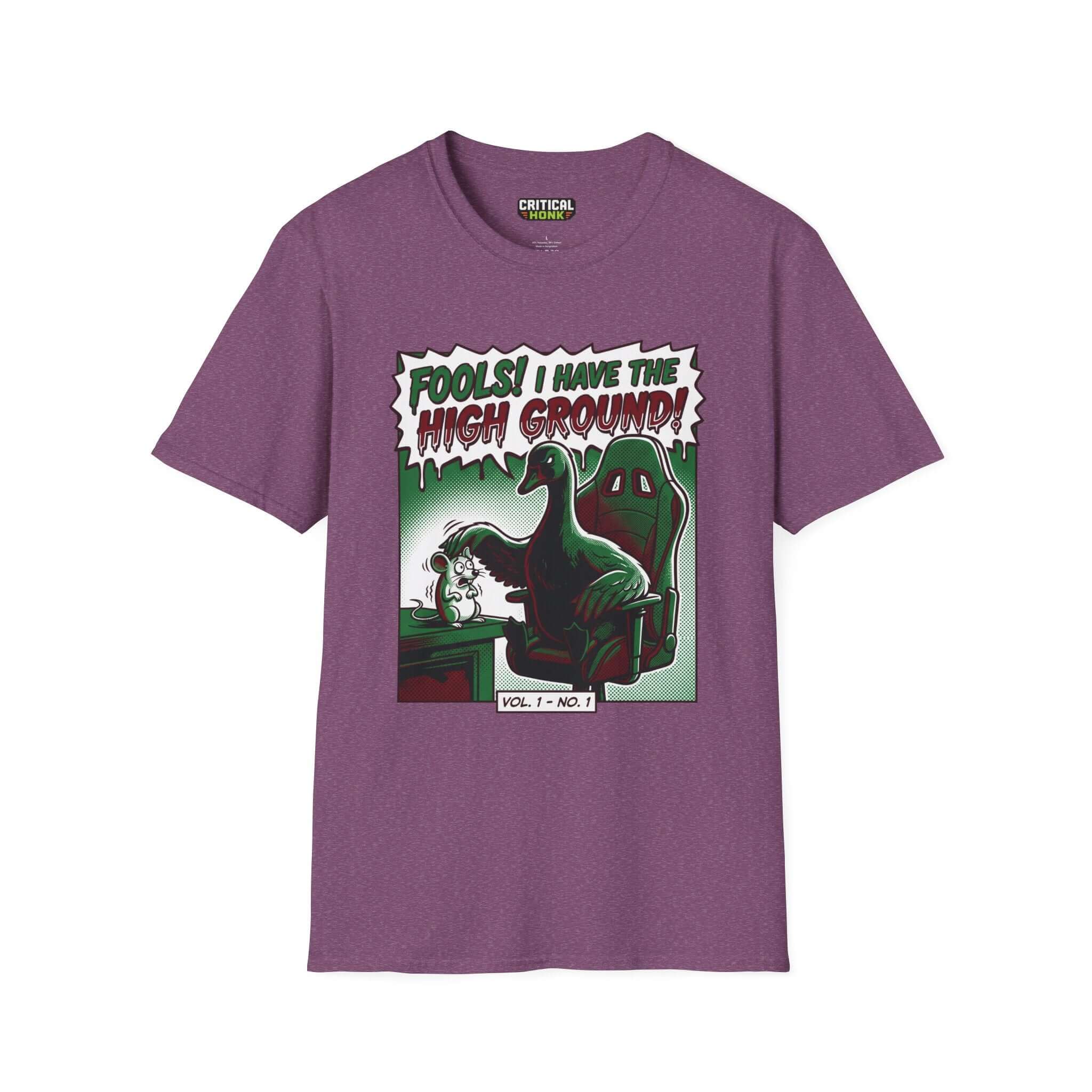 High ground T-Shirt in heather maroon featuring a playful dinosaur graphic and bold text design from the Critical Honk Collection.