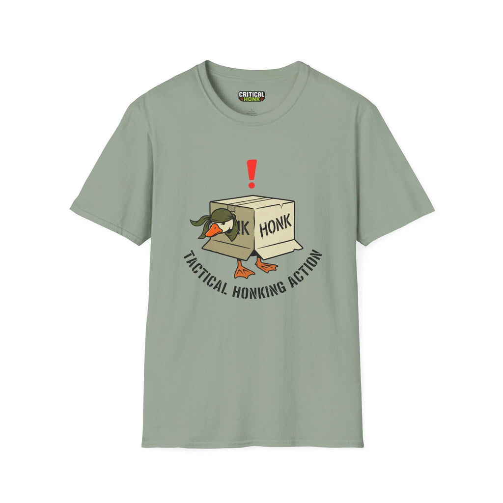 Tactical honking action T-Shirt in sage color featuring a playful duck graphic and Critical Honk branding.