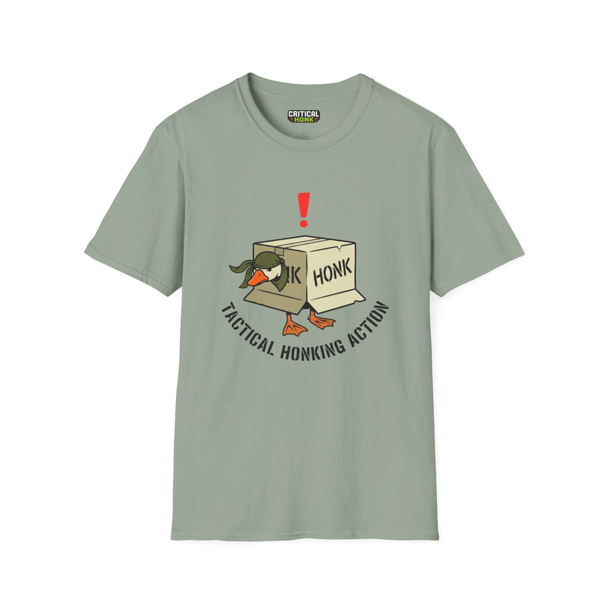 Tactical honking action T-Shirt in sage color featuring a playful duck graphic and Critical Honk branding.