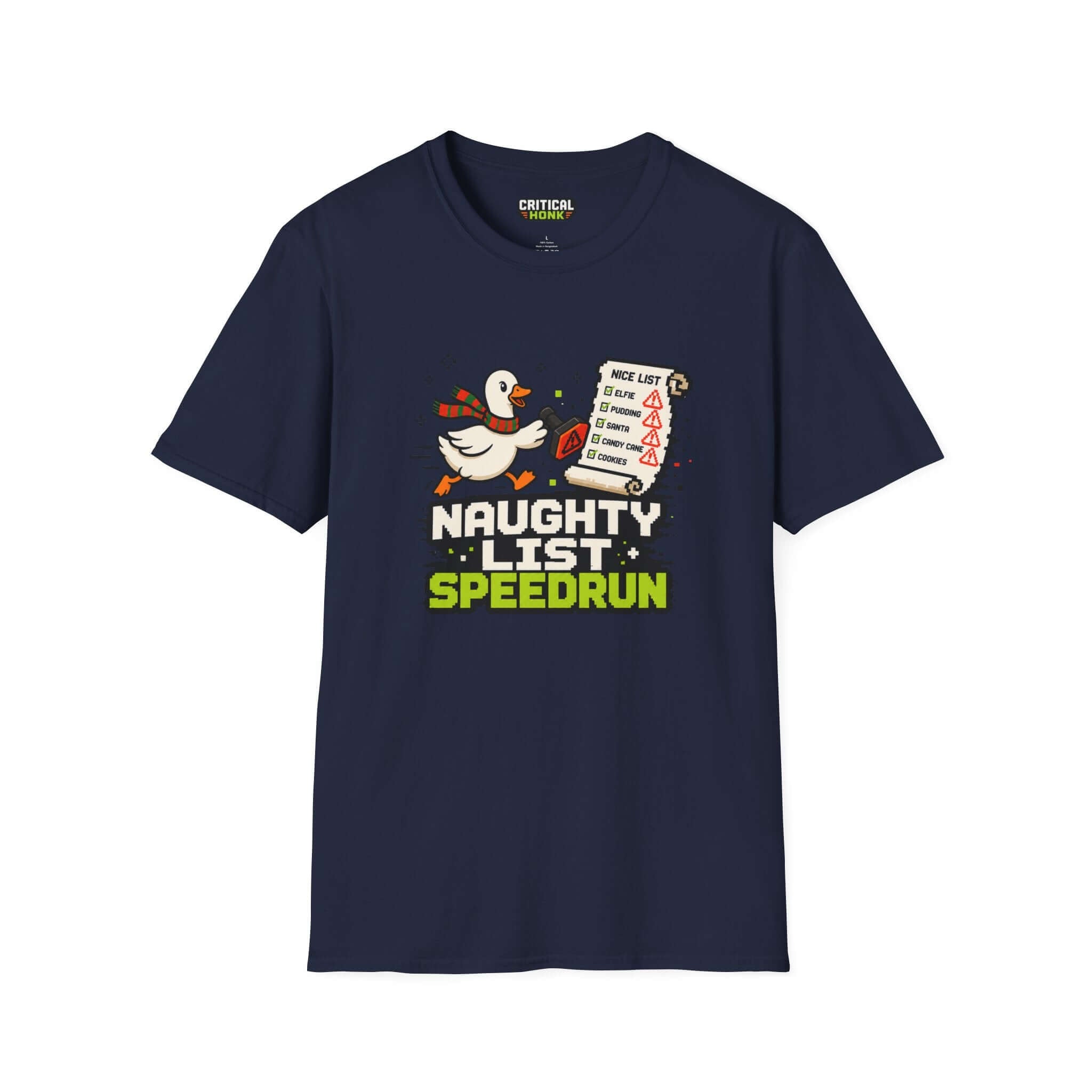 Naughty list speedrun T-Shirt in navy featuring a playful duck and a checklist design, Gildan Softstyle cotton.