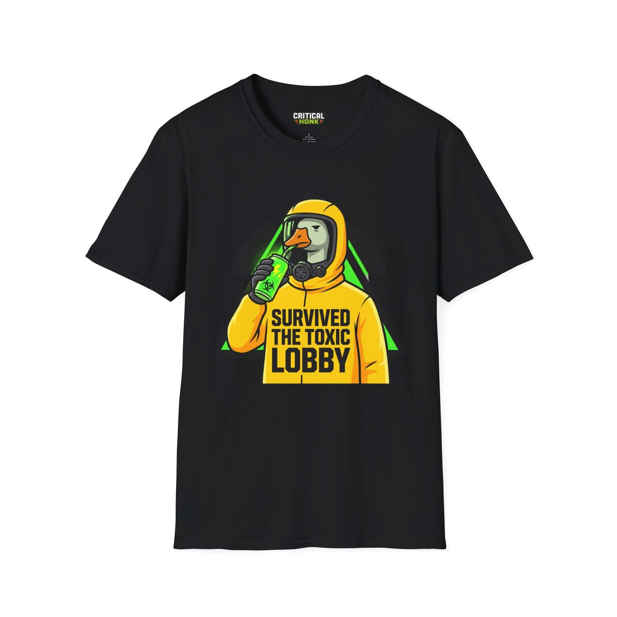 Survived toxic T-Shirt in black, featuring graphic design with a duck in a gas mask, part of Critical Honk Collection.