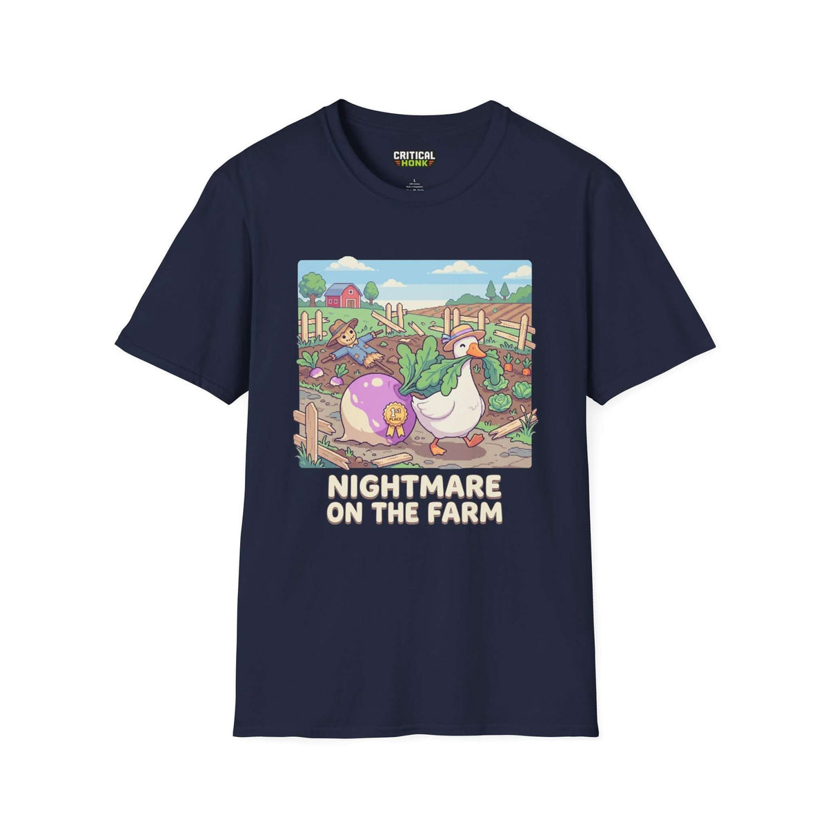 Nightmare on the farm T-Shirt in navy color featuring playful farm-themed graphics.