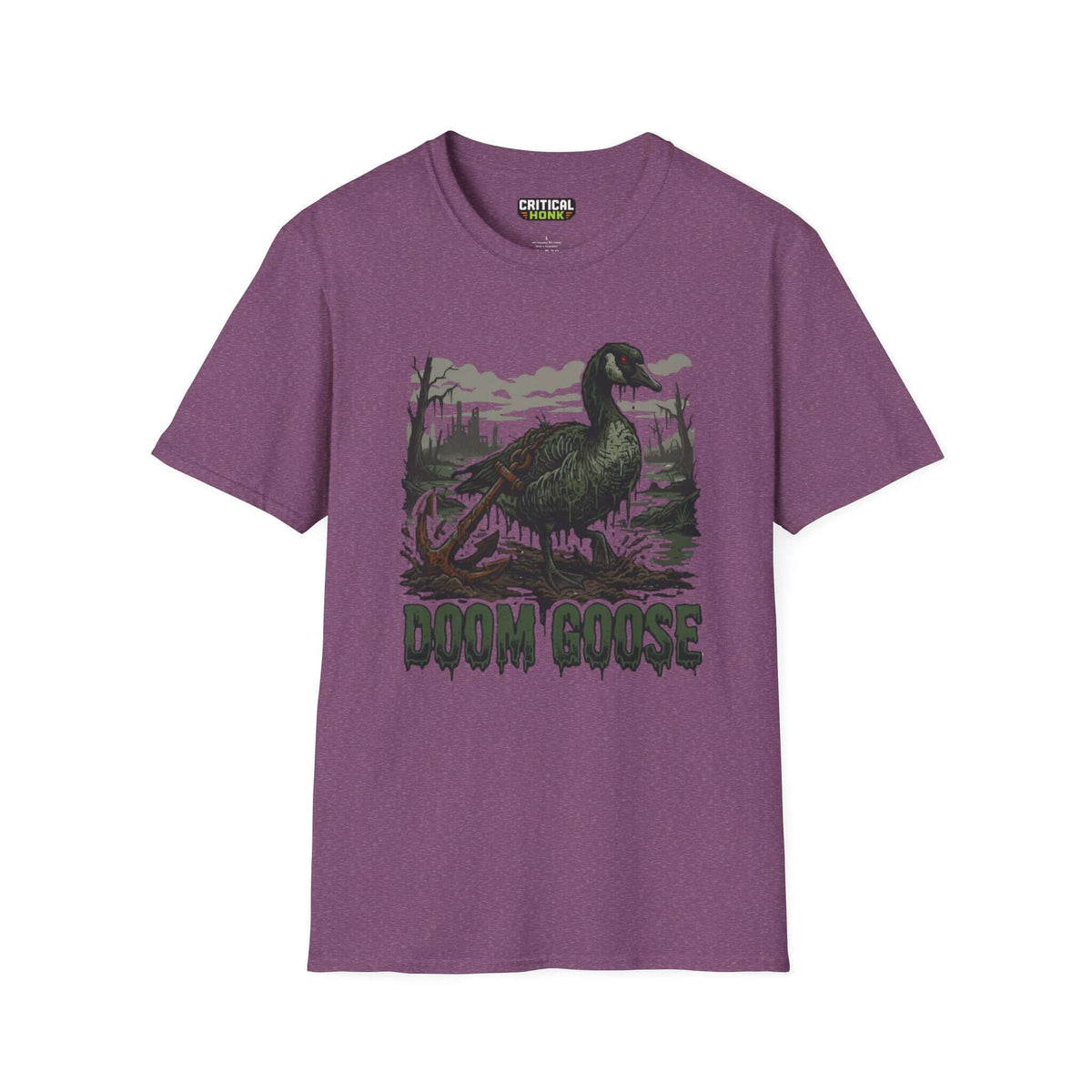 Doom goose T-Shirt in Heather Maroon featuring a graphic design of a goose in a chaotic environment.