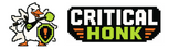 Pixel-art logo featuring a white duck character with orange beak and feet, a green shield, and the text 'CRITICAL HONK' in white and green on a black block, shown on a plain white background.